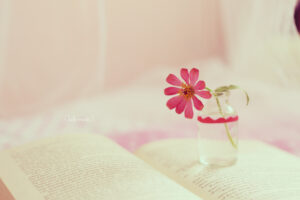 広げたノートとピンクの花
